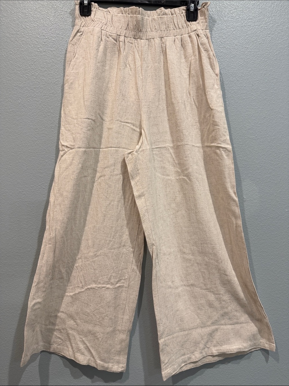 NWT Wide-Leg Linen-Blend Pants Oatmeal Paperbag Elastic Waist Pockets Beach Trav